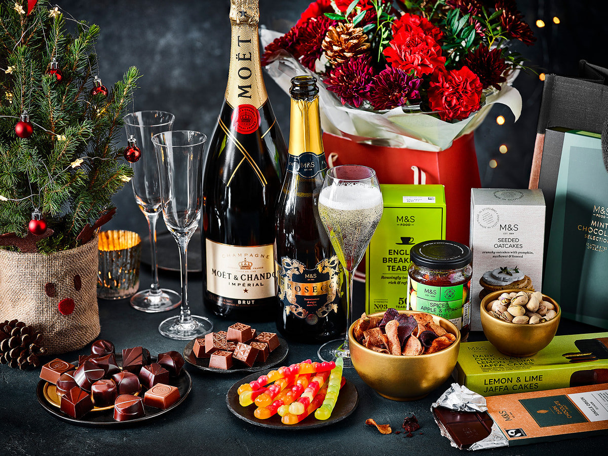 M&S Gift Hamper showcasing a selection of food and drink